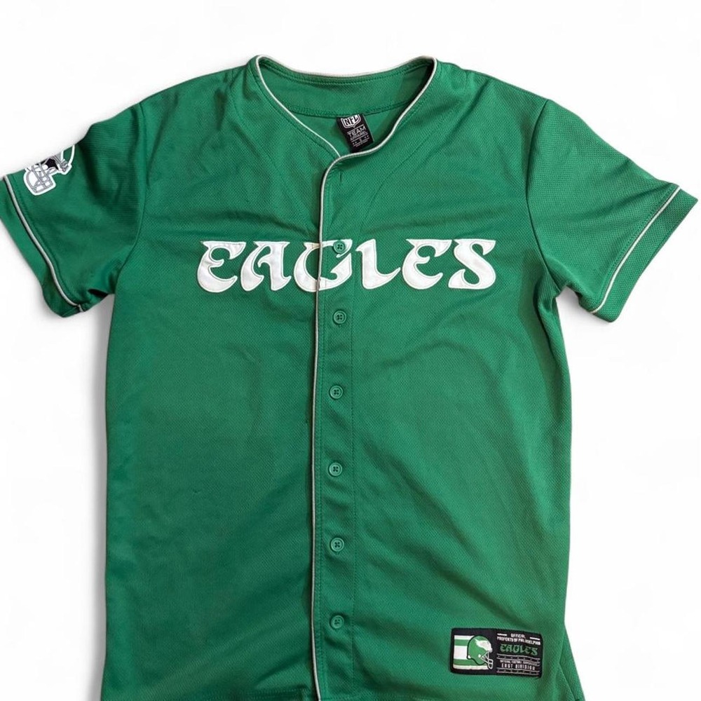 Philadelphia Eagles Kelly Green Button Up Baseball Jersey Small NFL